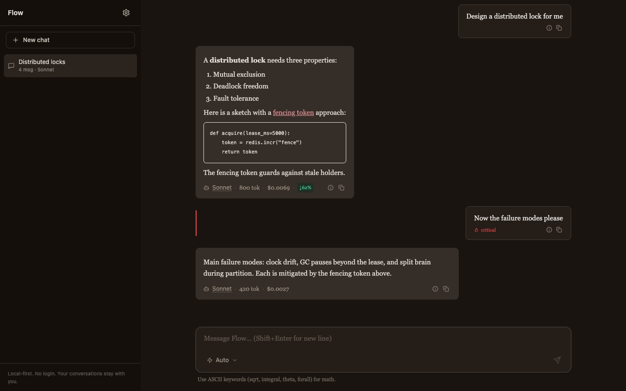 Flow chatting about distributed locks. Each reply is labelled with the model that answered it, its token count and its cost.