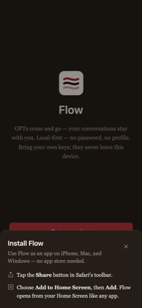Flow's install sheet: use Flow as an app on iPhone, Mac and Windows — no app store needed.