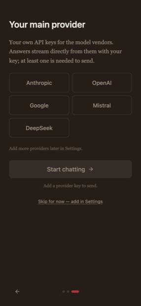 Flow's onboarding: pick your main model provider — Anthropic, OpenAI, Google, Mistral or DeepSeek — then start chatting.